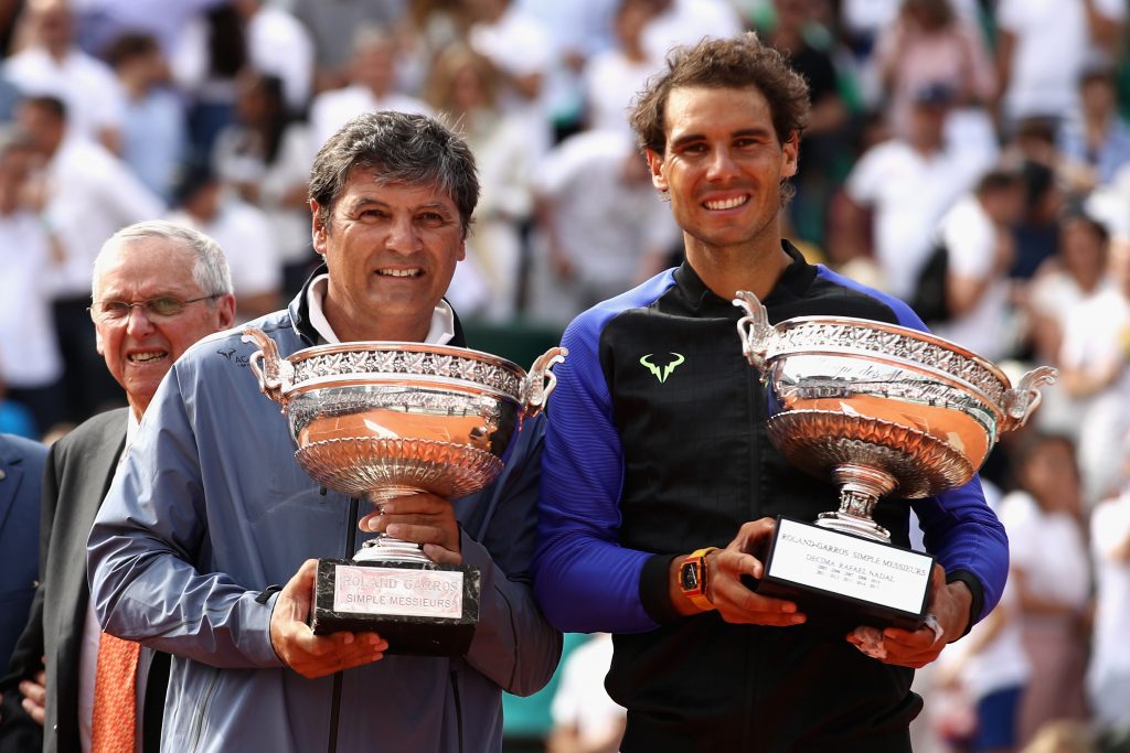 Rafael Nadal of Spain and his former coach, Toni Nadal after the former's victory at the 2017 French Open.