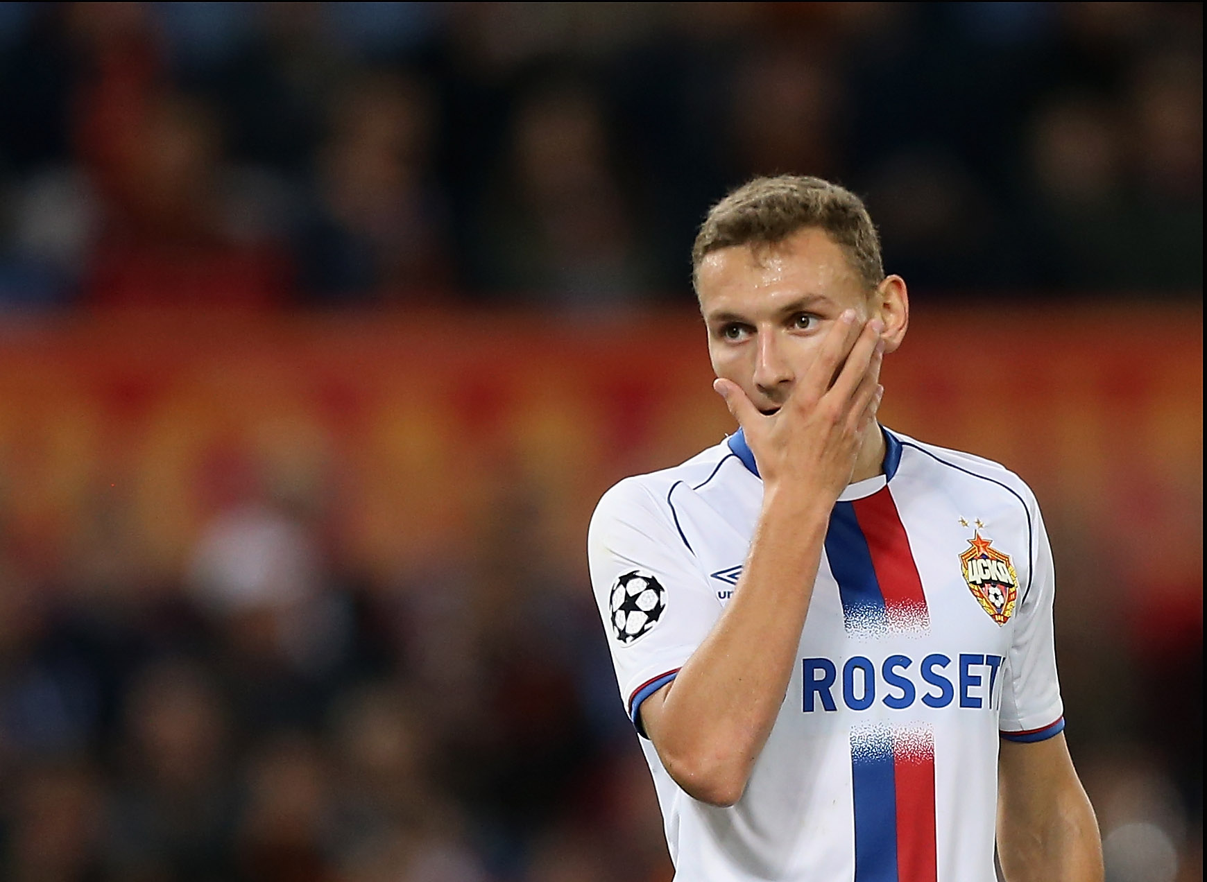 CSKA Moscow player Fedor Chalov reacts during the Group G match of the UEFA Champions League between AS Roma and CSKA Moscow at Stadio Olimpico. (Getty Images)