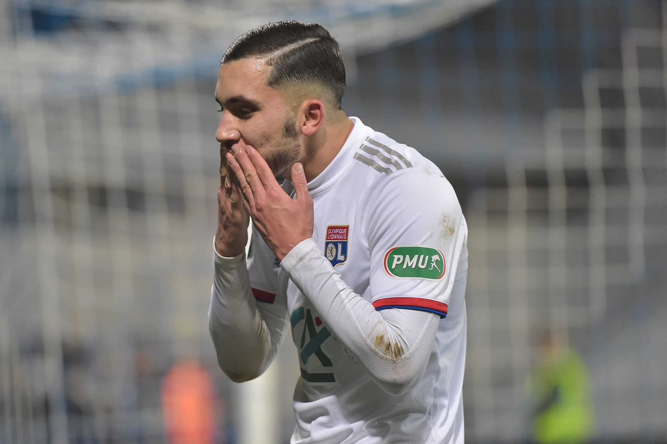 Lyons French forward Rayan Cherki celebrates after scoring a goal during the French Cup round of 64 football match between Bourg-en-Bresse (FBBP) and Lyon (OL) on January 4, 2020 at the Stade Marcel-Verchere Stadium in Bourg-en-Bresse. (Getty Images)