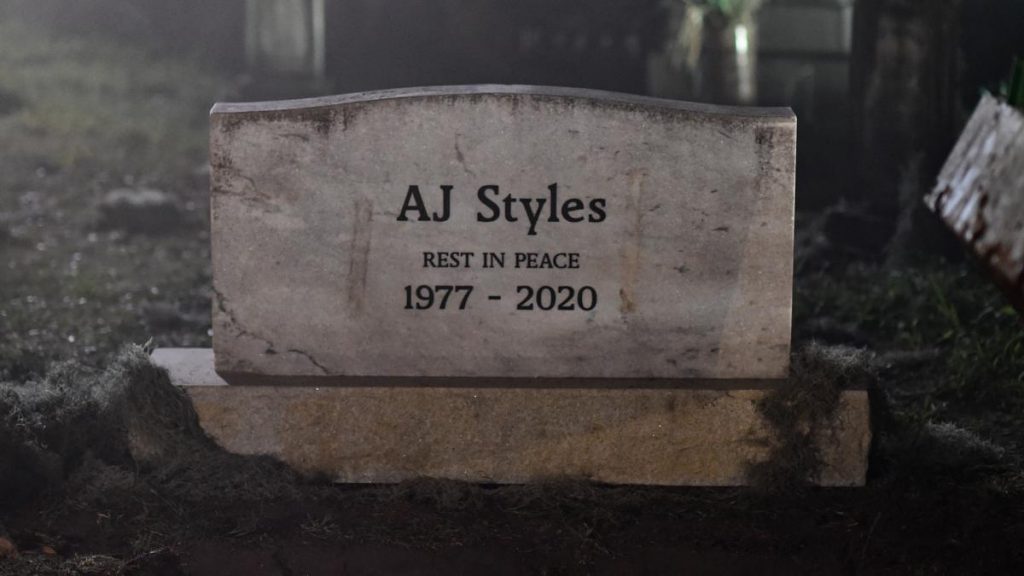 AJ Styles and the tombstone after his match at WWE WrestleMania 36