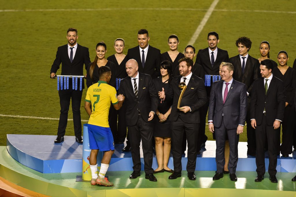 Brazilian Gabriel Veron collecting the Golden Ball award for the best player during the FIFA Under-17 Men's World Cup presentation ceremony last year.