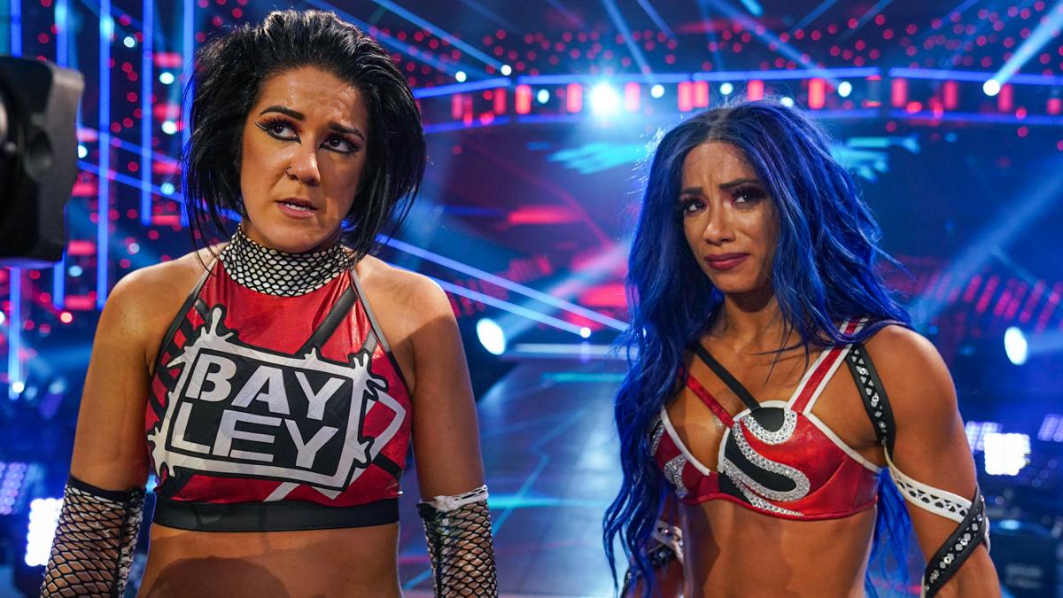 Sasha Banks and Bayley after losing their titles at WWE Payback