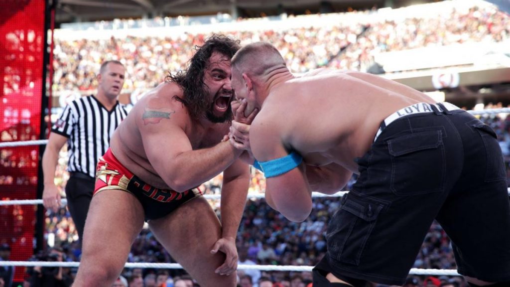 Rusev and John Cena at WrestleMania 31