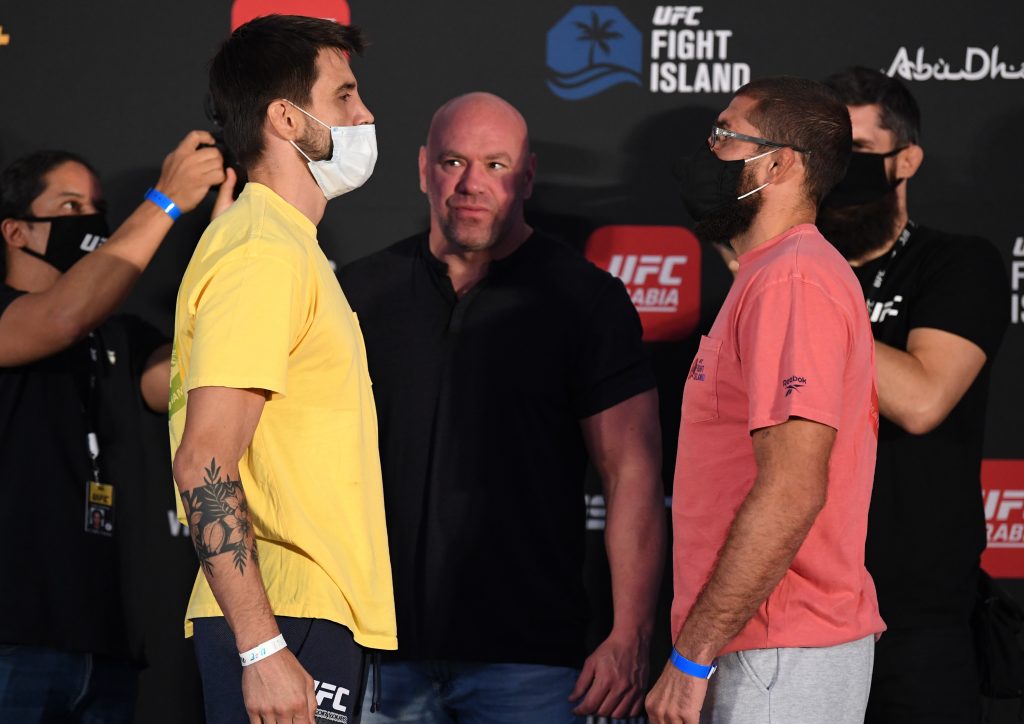 Opponents Carlos Condit and Court McGee face off during the UFC Fight Night weigh-in. (Photo by Josh Hedges/Zuffa LLC via Getty Images)