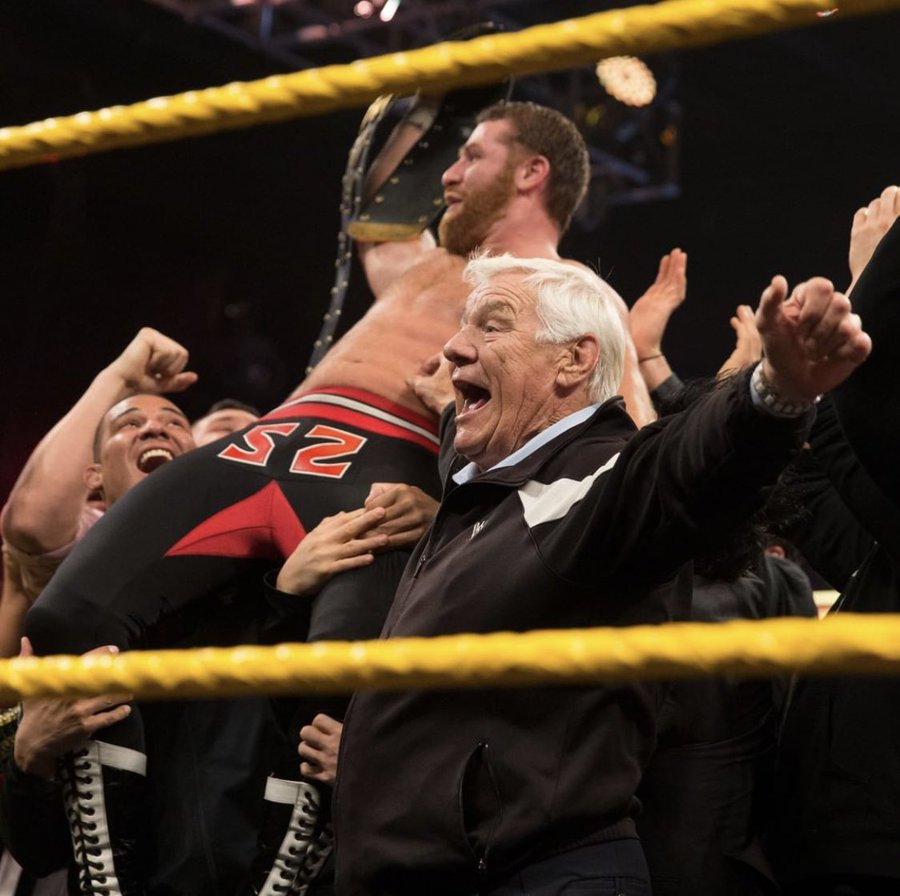 Sami Zayn celebrates with Pat Patterson on NXT