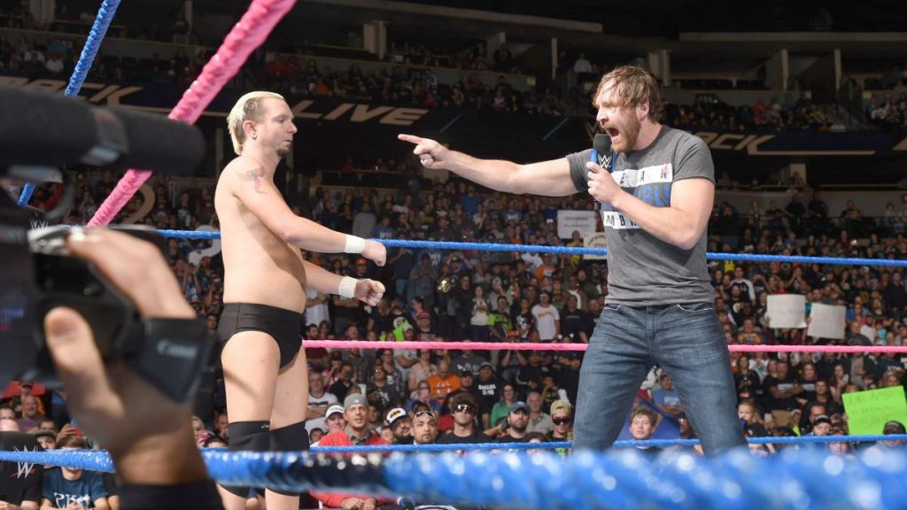 Dean Ambrose shouts at James Ellsworth in their tag team match. (WWE)