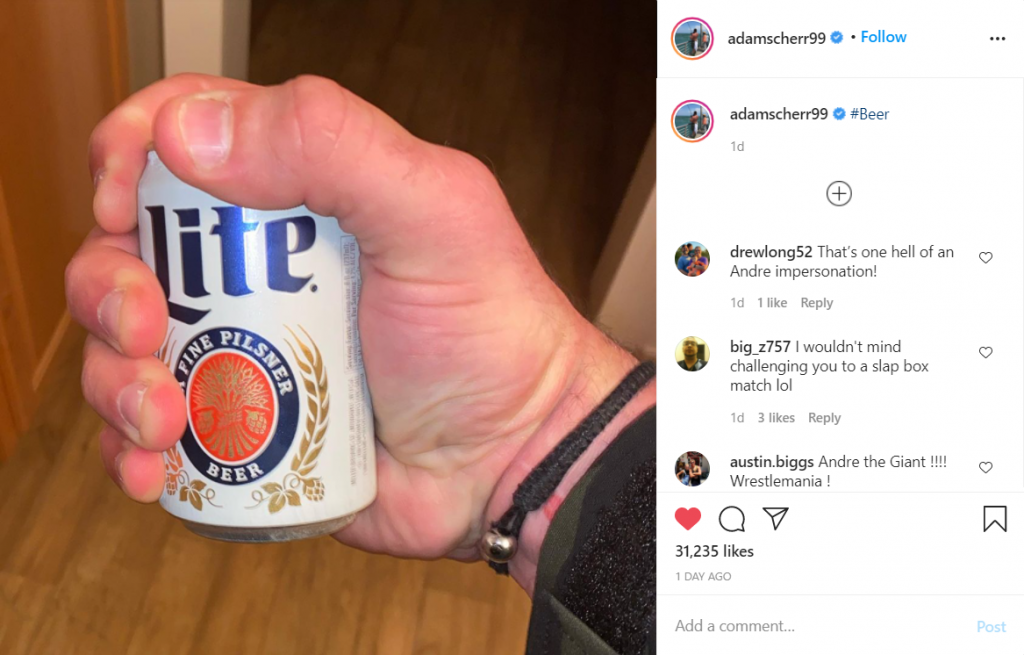 Braun Strowman with a can of Bud Lite. (Image Credits: @adamscherr99 on Instagram)