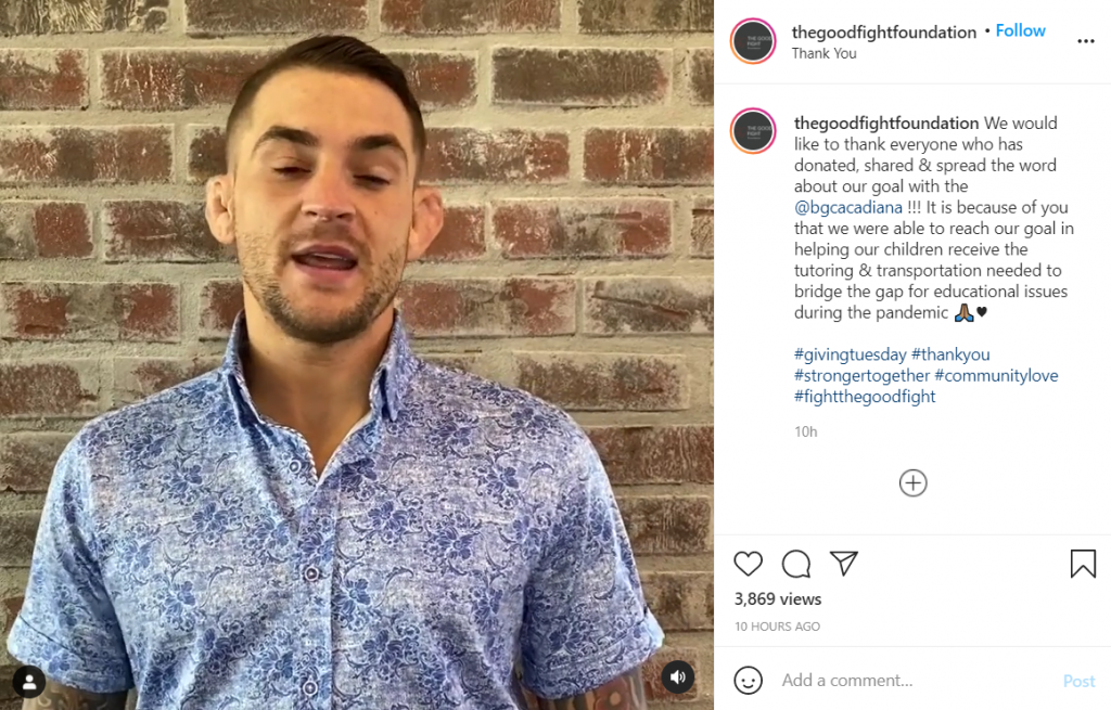 Dustin Poirier shares message with the donators after the Good Fight Foundation reached its donations goal.