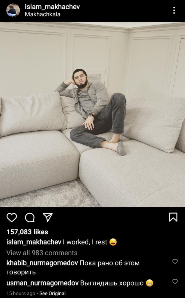 Khabib commented on Islam's Instagram post. (@islam_makhachev on Instagram)