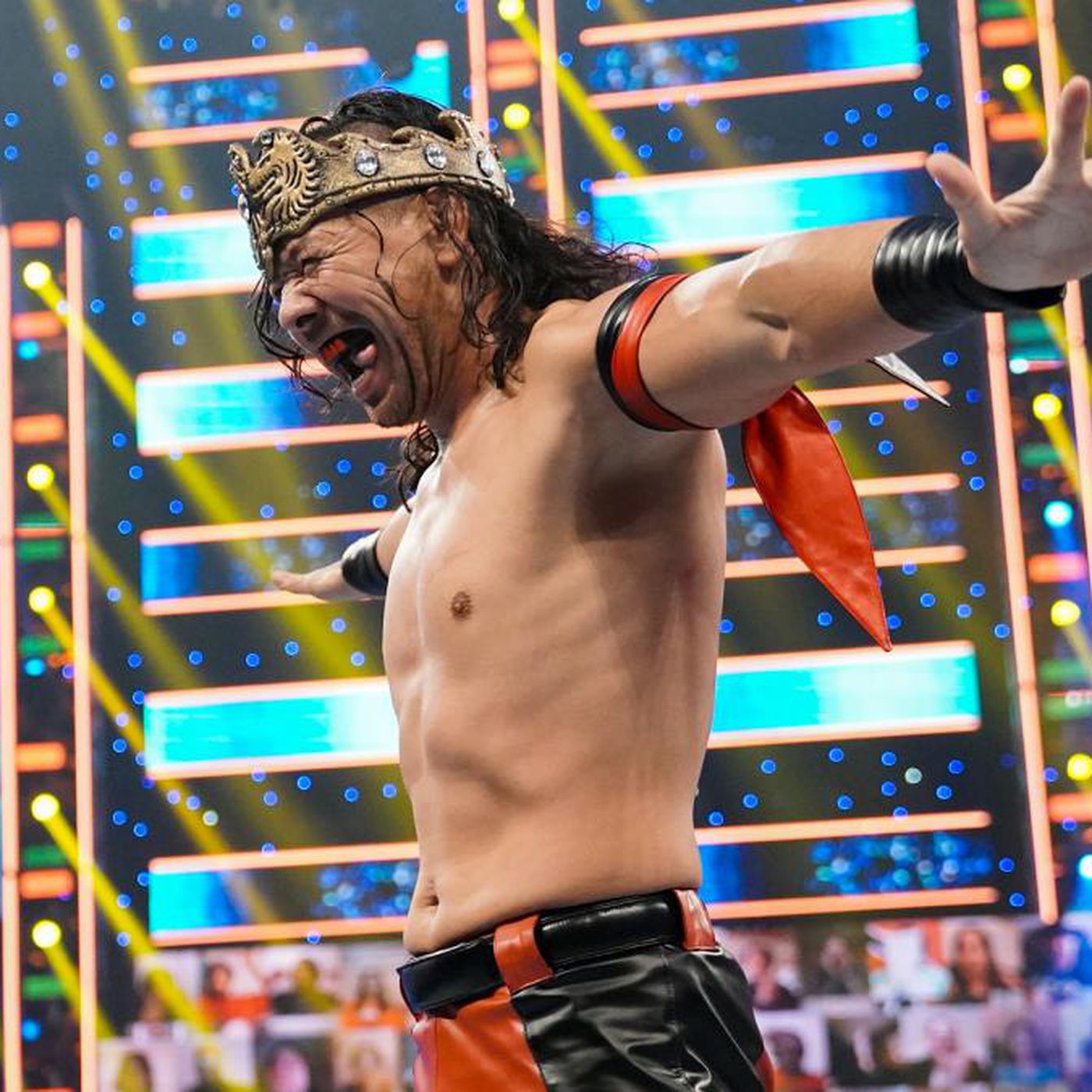 Shinsuke Nakamura reacts after winning crown from King Baron Corbin