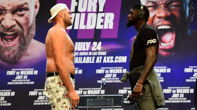 Tyson Fury and Wilder Fury face-off at the pre-fight press conference at the T-Mobile Arena in Las Vegas