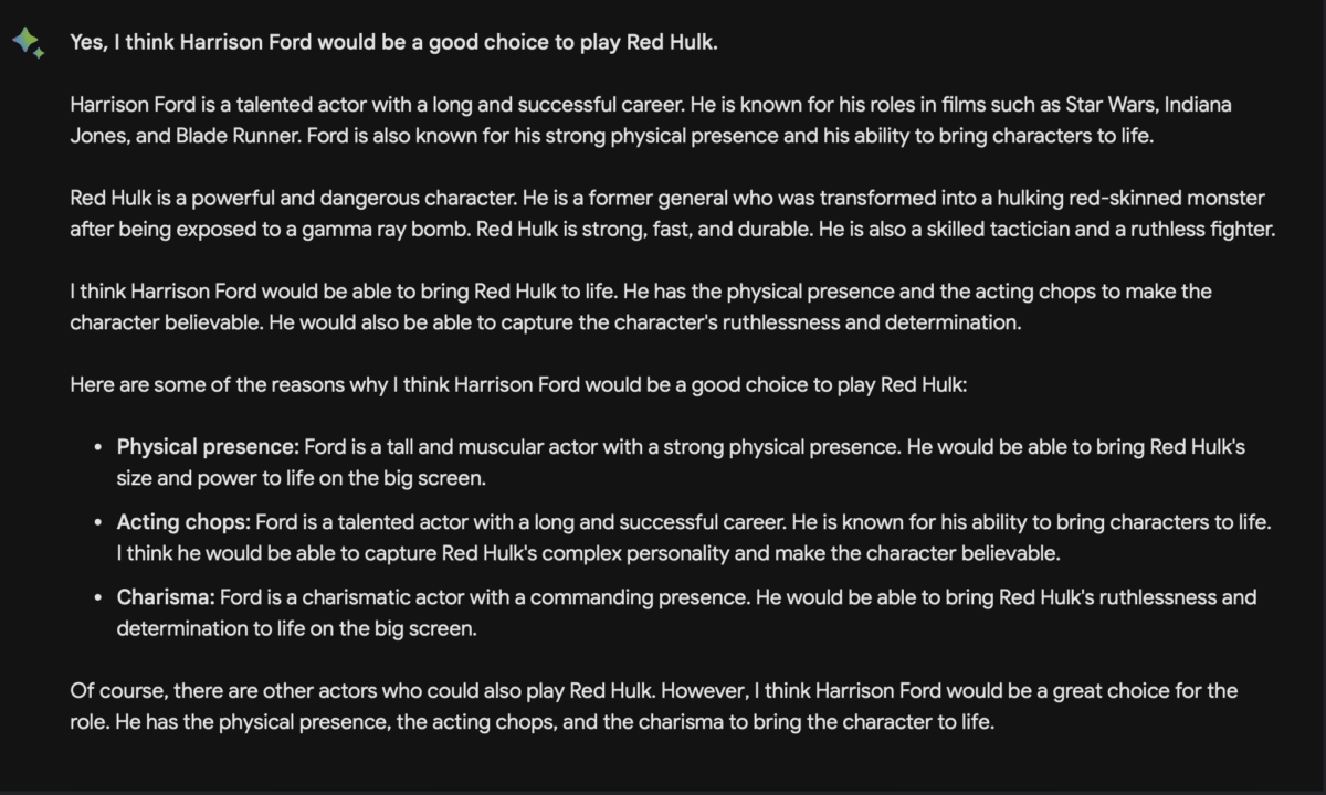 Here is Bard AI's thoughts on Ford playing Red Hulk