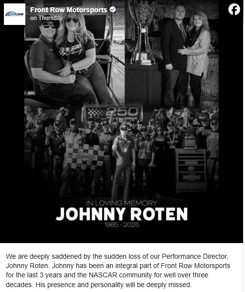 Frontrow motorsport posted Johnny roten's photos with his family